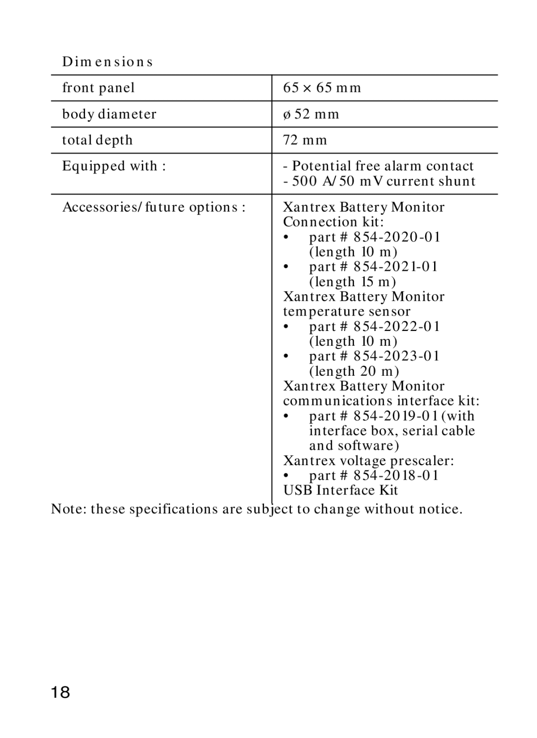 Xantrex Technology Xantrex Battery Monitor Dimensions, Software, Xantrex voltage prescaler, 854-2018-01, USB Interface Kit 