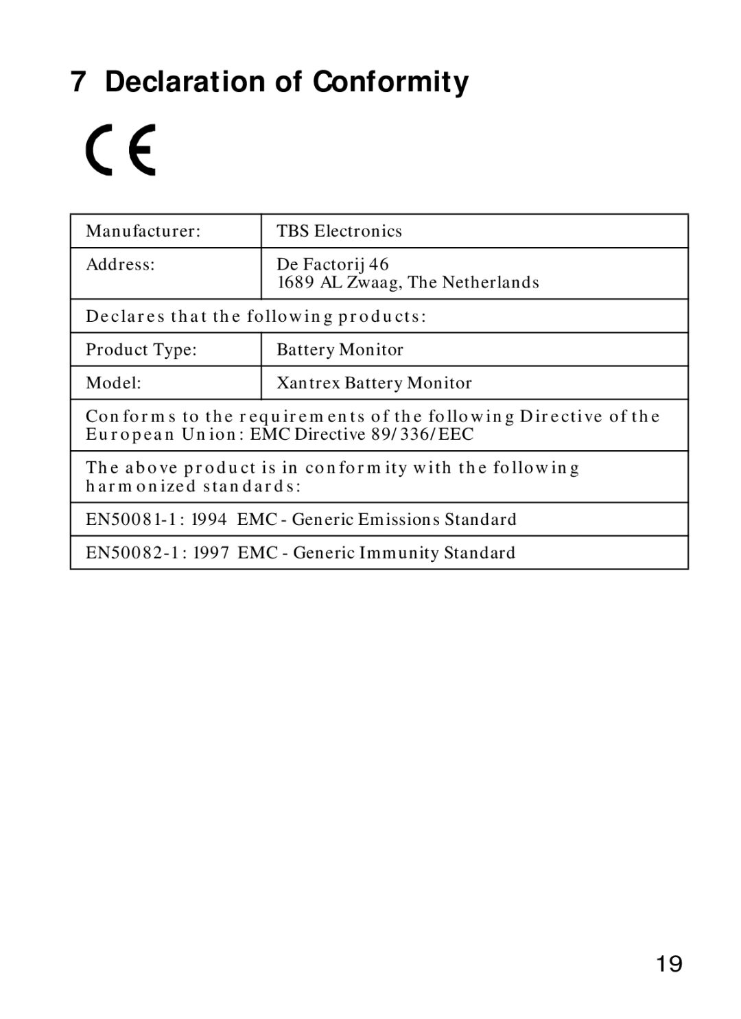 Xantrex Technology Xantrex Battery Monitor manual Declaration of Conformity 