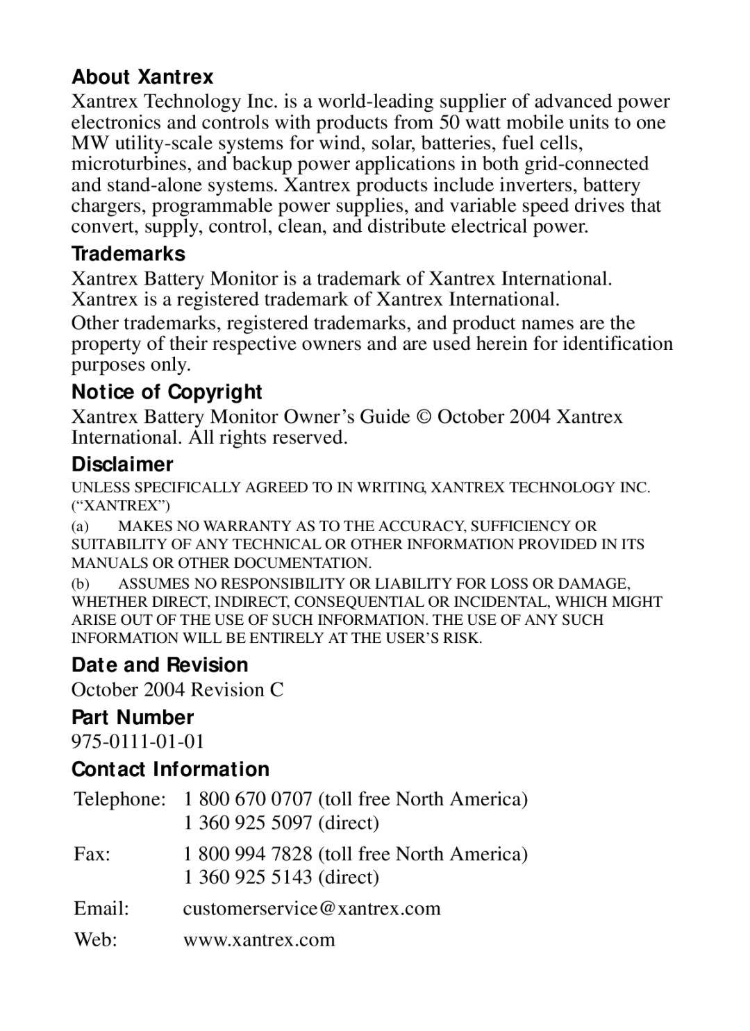 Xantrex Technology Xantrex Battery Monitor manual About Xantrex, Trademarks, Disclaimer, Date and Revision, Part Number 