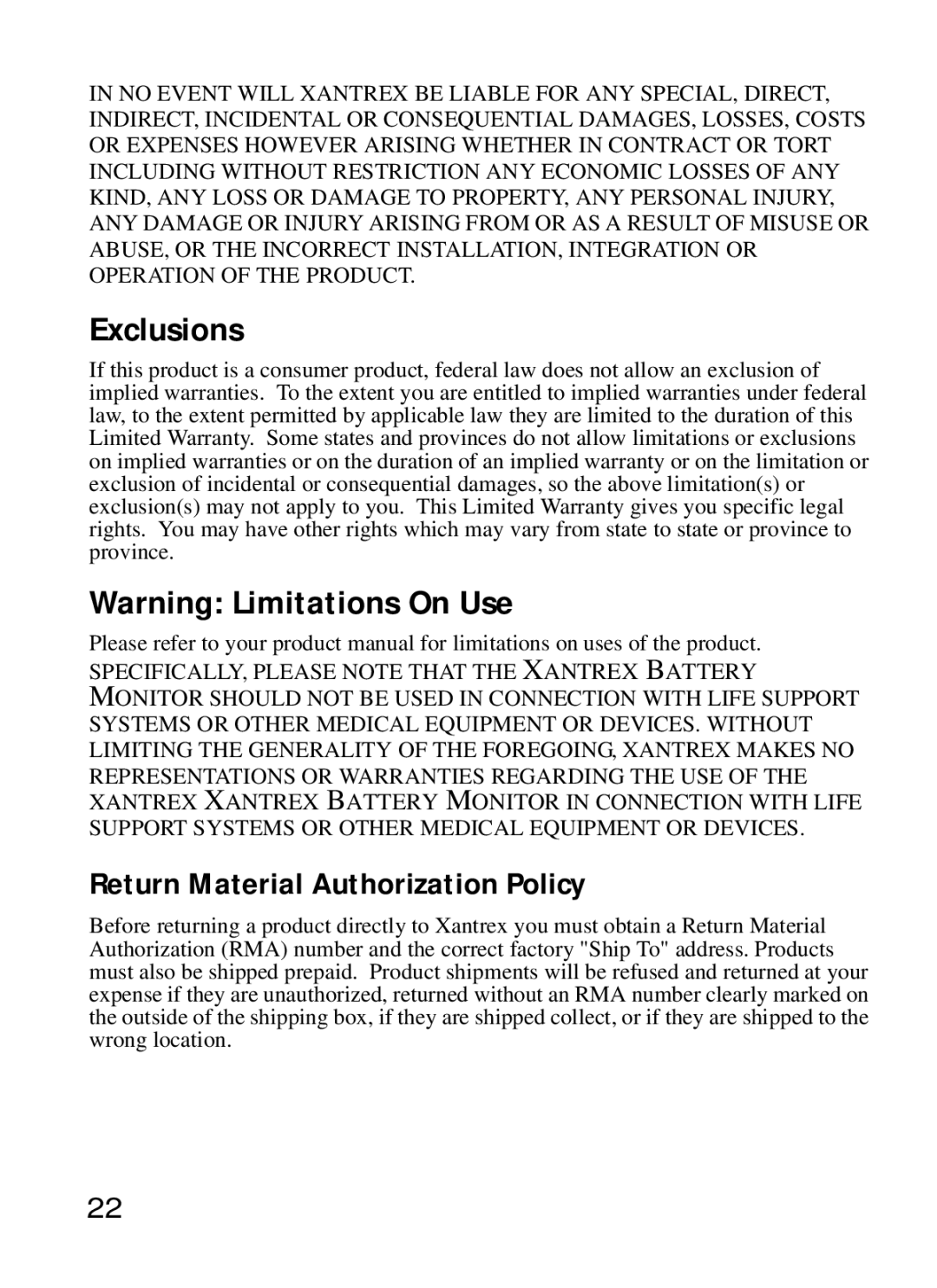 Xantrex Technology Xantrex Battery Monitor manual Exclusions, Return Material Authorization Policy 