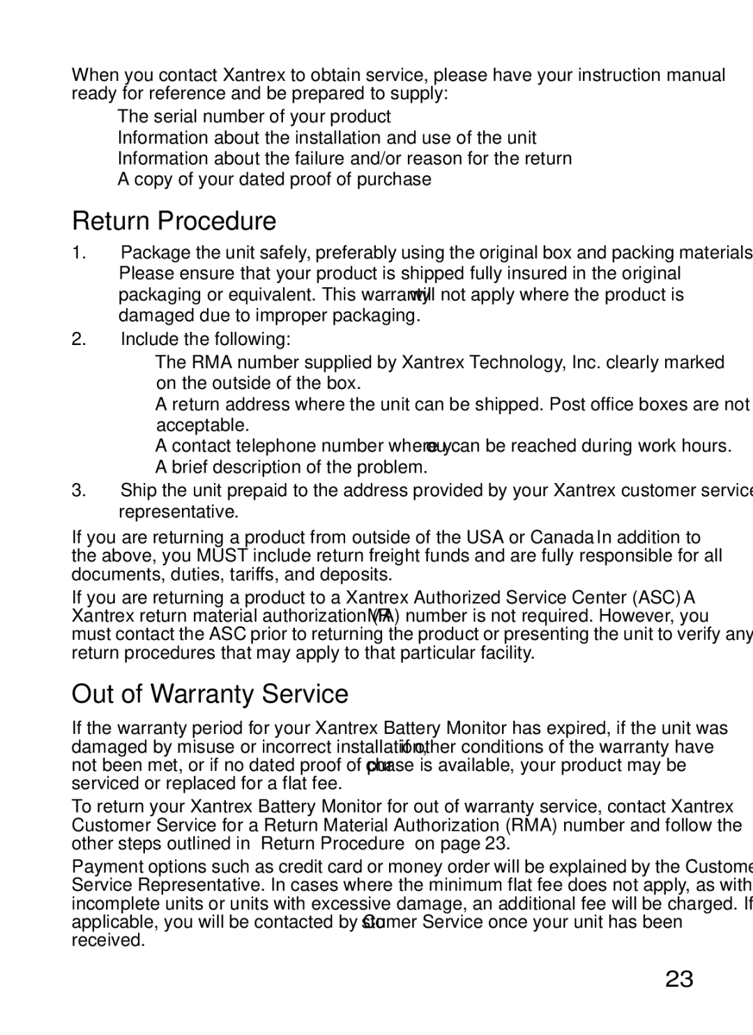 Xantrex Technology Xantrex Battery Monitor manual Return Procedure, Out of Warranty Service 