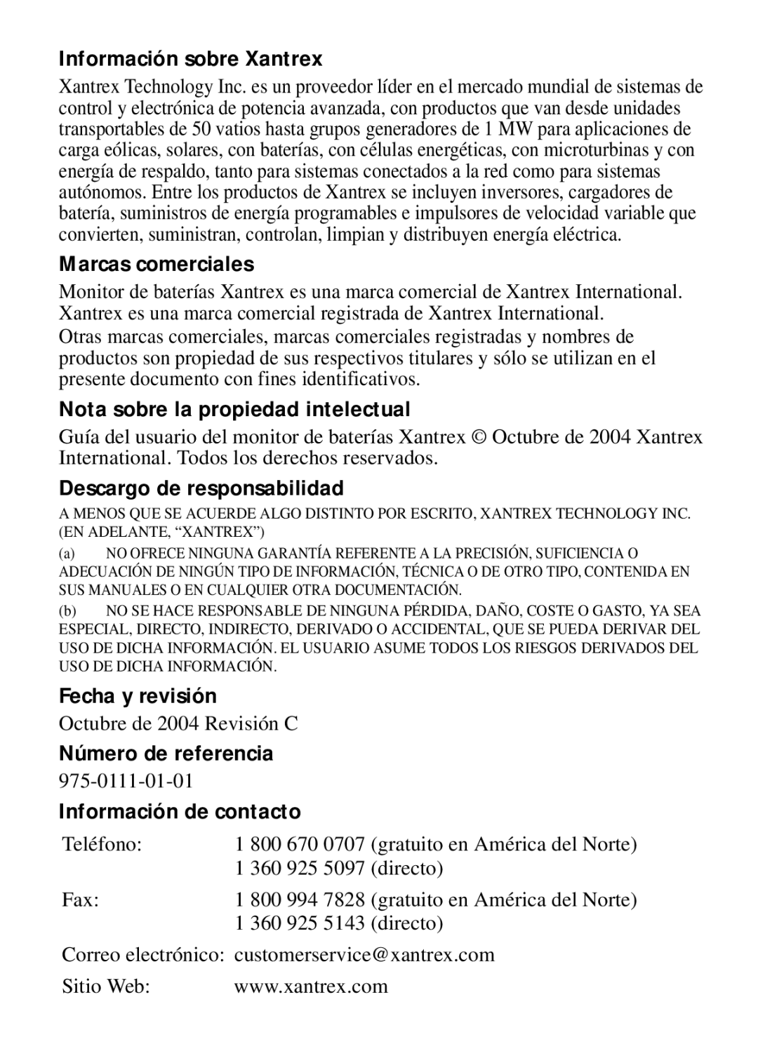 Xantrex Technology Xantrex Battery Monitor Información sobre Xantrex, Marcas comerciales, Descargo de responsabilidad 