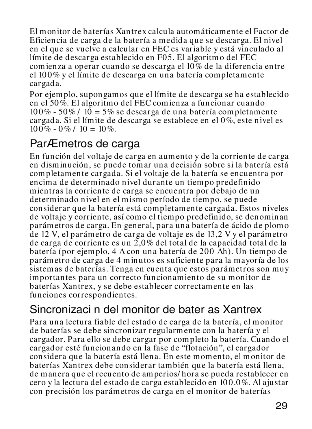 Xantrex Technology Xantrex Battery Monitor manual Parámetros de carga, Sincronización del monitor de baterías Xantrex 