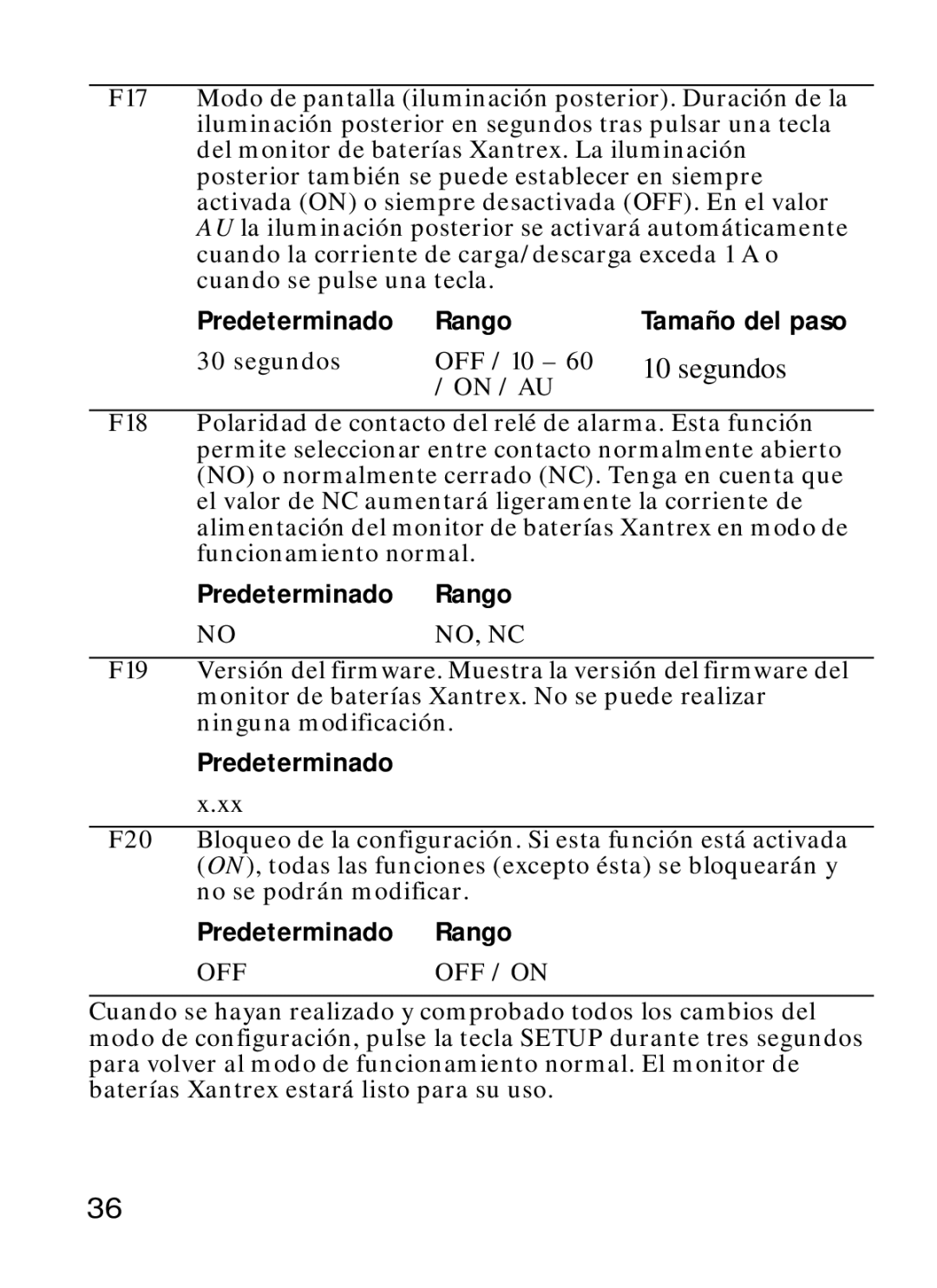 Xantrex Technology Xantrex Battery Monitor manual Segundos OFF / 10, On / AU 