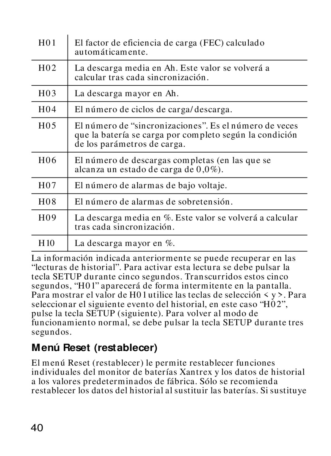 Xantrex Technology Xantrex Battery Monitor manual Menú Reset restablecer 