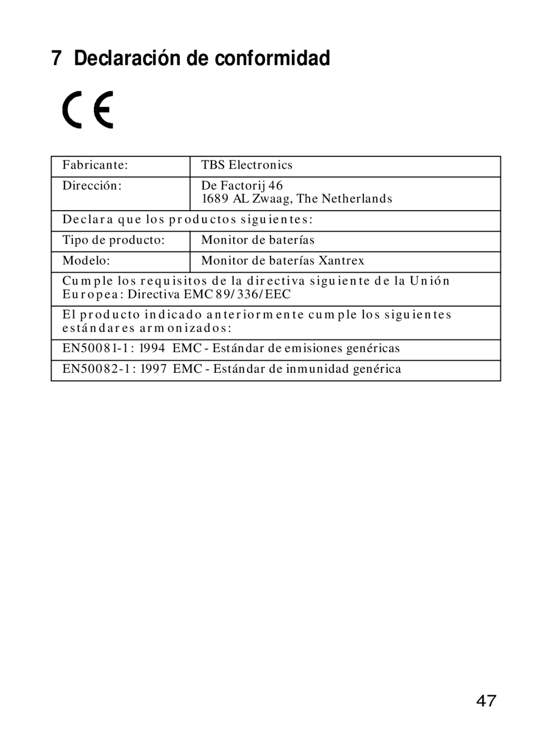 Xantrex Technology Xantrex Battery Monitor manual Declaración de conformidad 