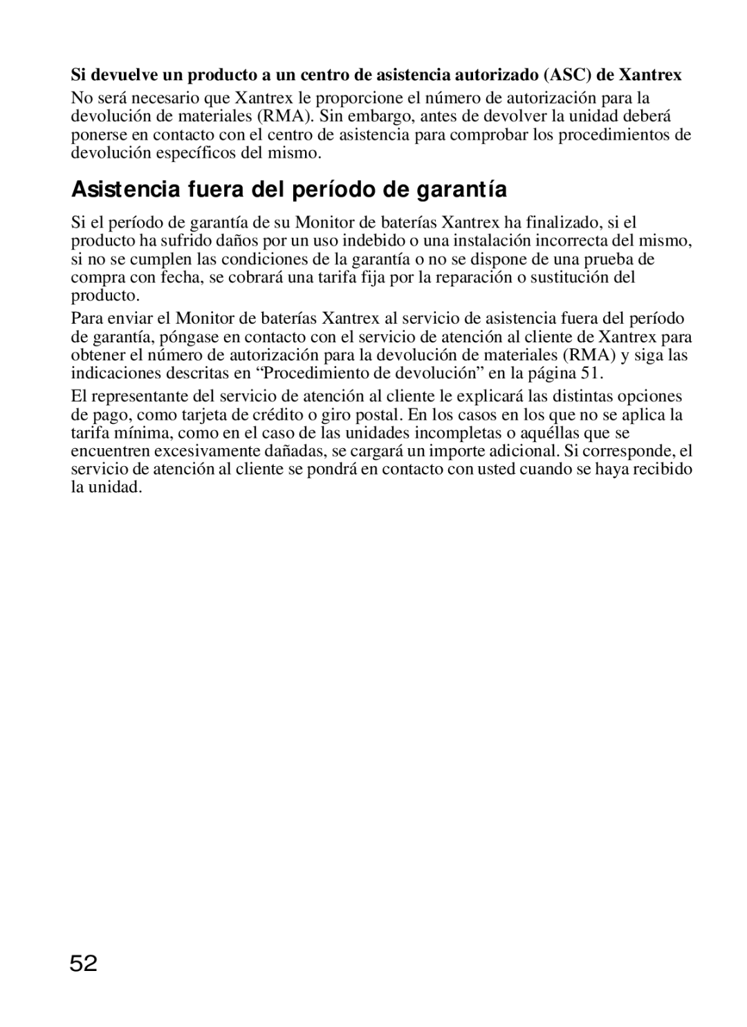 Xantrex Technology Xantrex Battery Monitor manual Asistencia fuera del período de garantía 