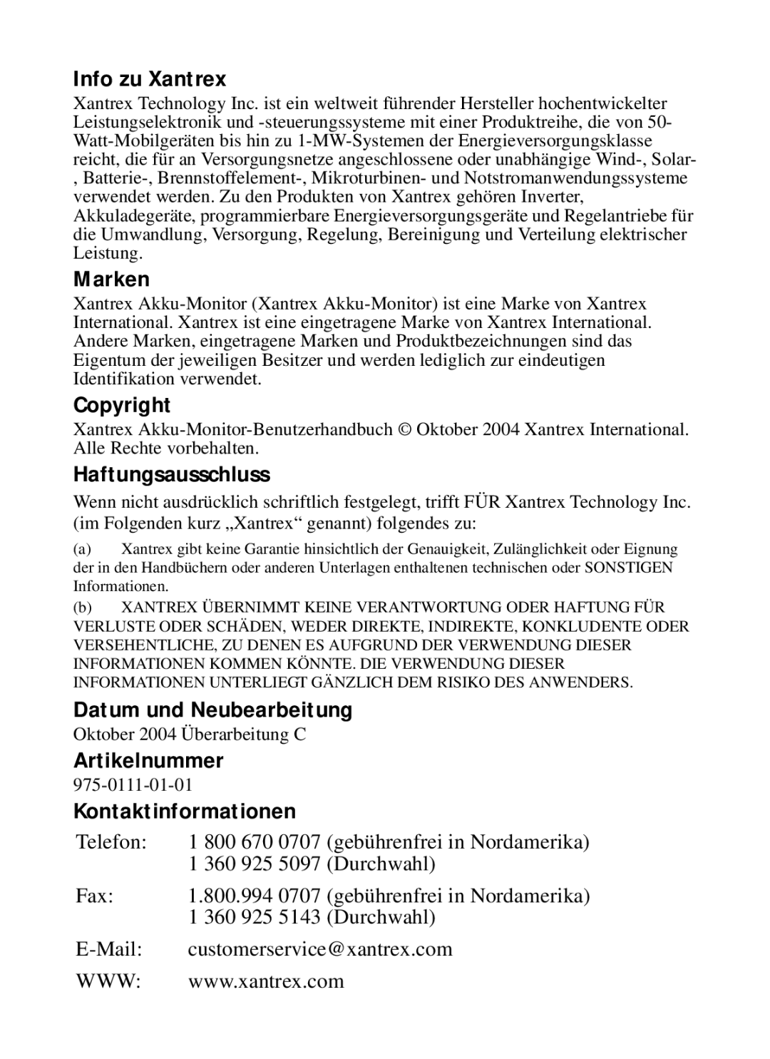 Xantrex Technology Xantrex Battery Monitor manual Info zu Xantrex, Marken, Copyright, Haftungsausschluss, Artikelnummer 