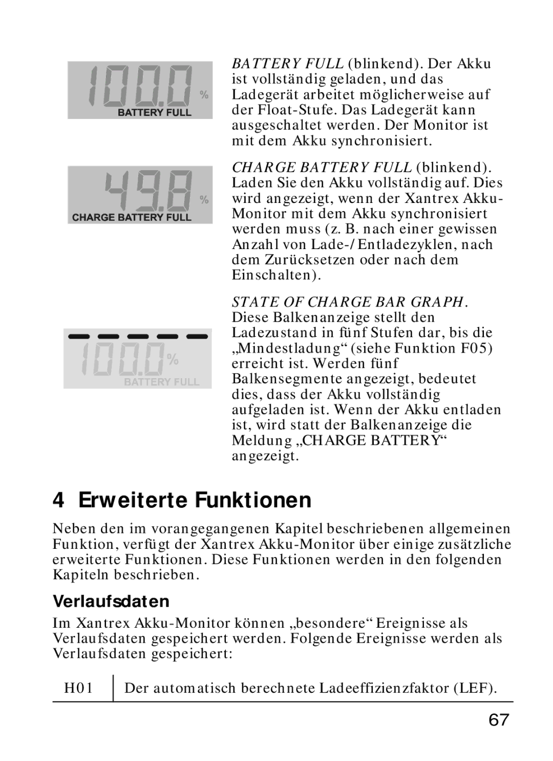 Xantrex Technology Xantrex Battery Monitor manual Erweiterte Funktionen, Verlaufsdaten 