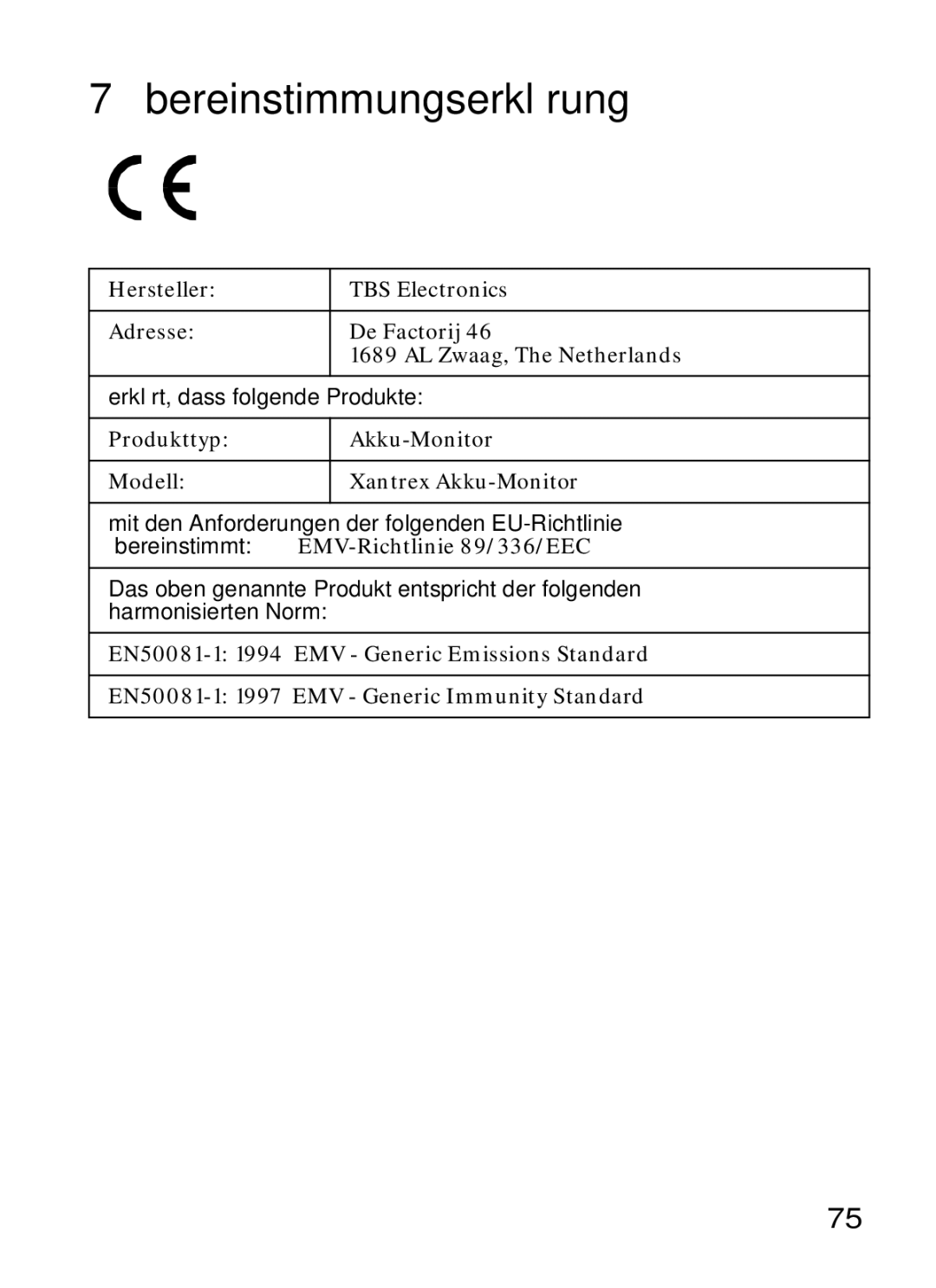 Xantrex Technology Xantrex Battery Monitor manual Übereinstimmungserklärung 