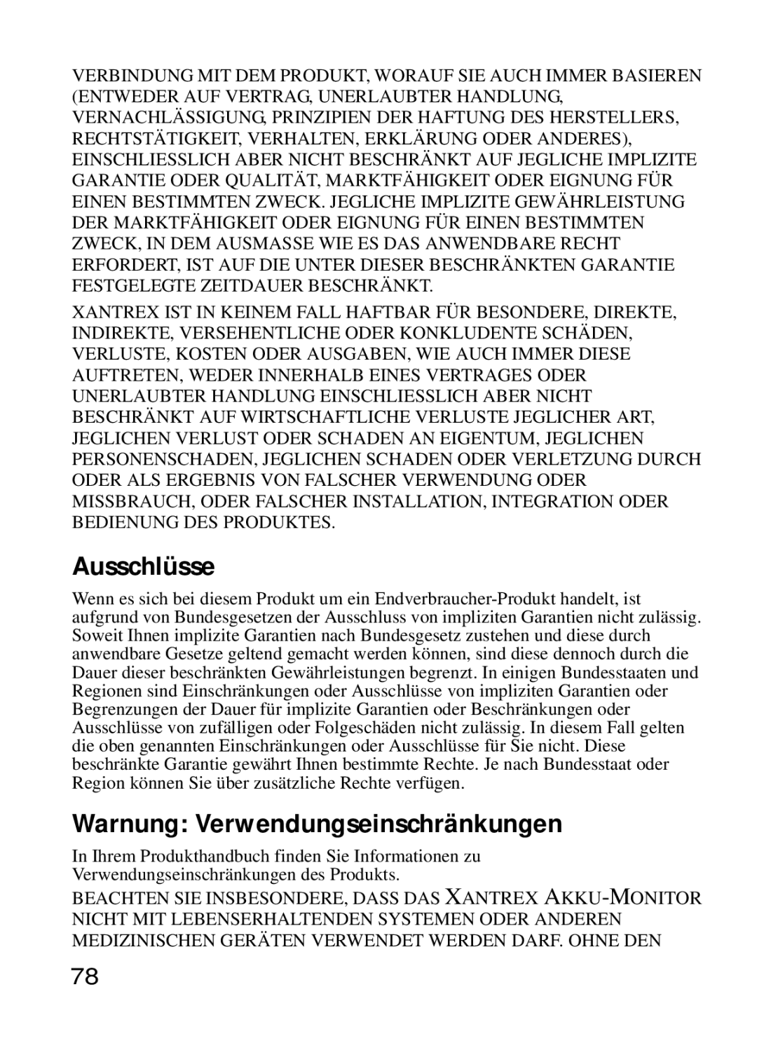 Xantrex Technology Xantrex Battery Monitor manual Ausschlüsse, Warnung Verwendungseinschränkungen 