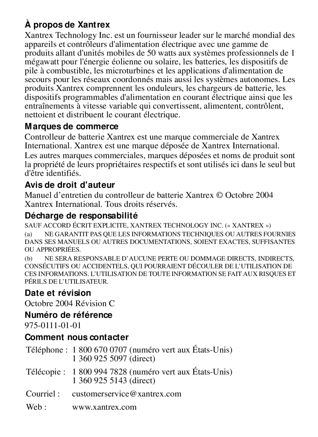 Xantrex Technology Xantrex Battery Monitor Propos de Xantrex, Marques de commerce, Avis de droit dauteur, Date et révision 