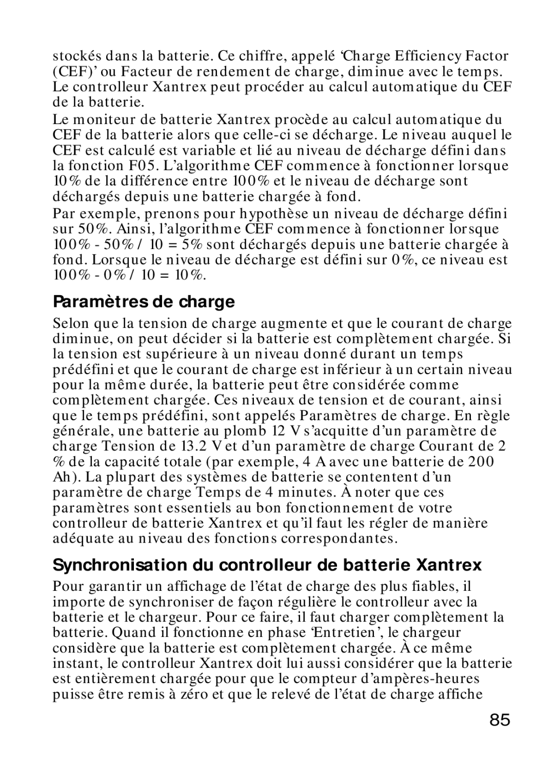 Xantrex Technology Xantrex Battery Monitor manual Paramètres de charge, Synchronisation du controlleur de batterie Xantrex 