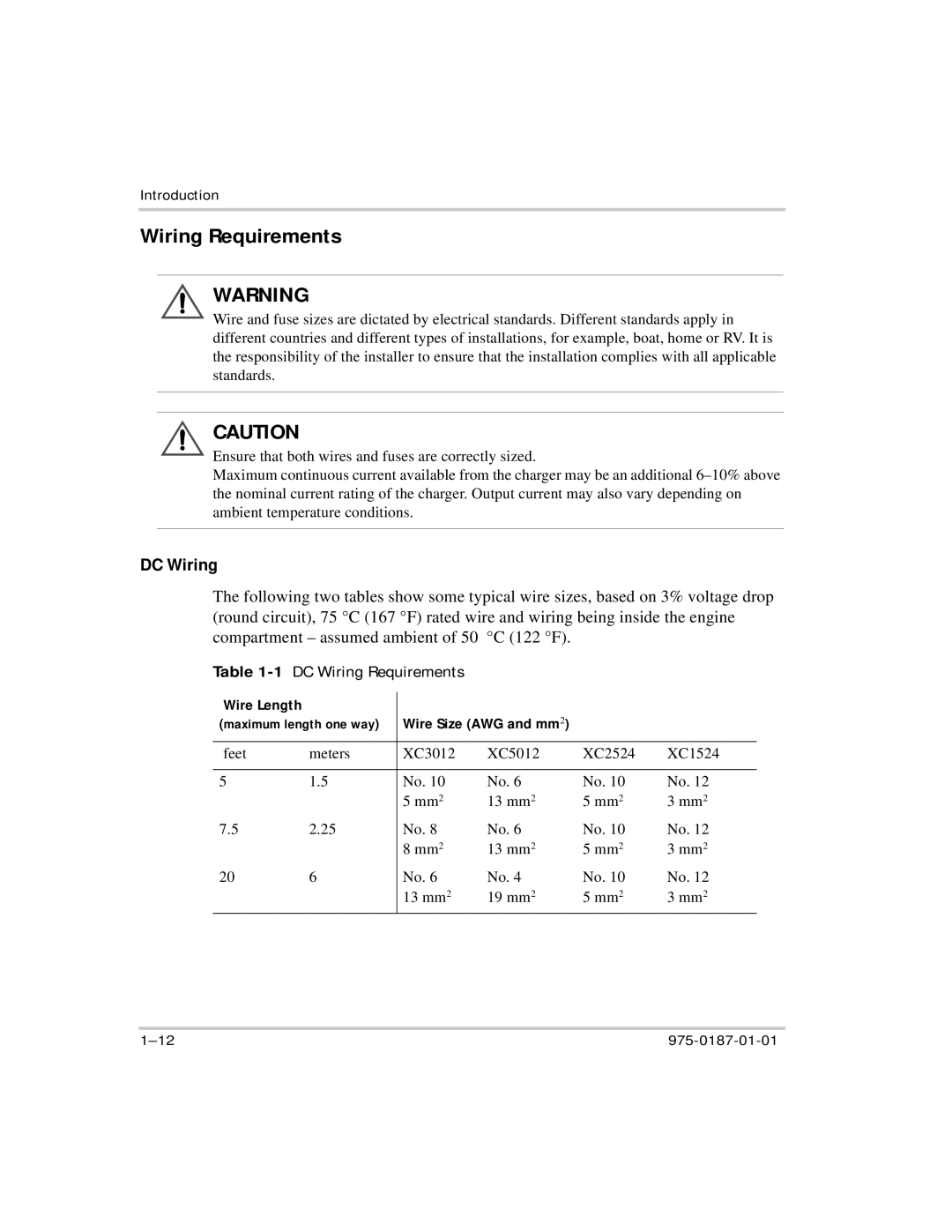 Xantrex Technology XC5012, XC2524, XC3012, XC1524 manual Wiring Requirements, DC Wiring 