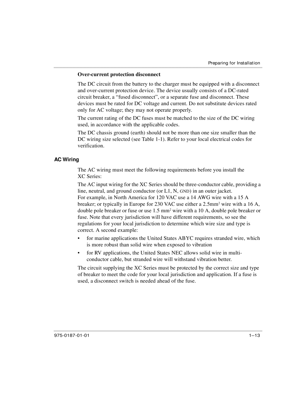 Xantrex Technology XC2524, XC5012, XC3012, XC1524 manual AC Wiring, Over-current protection disconnect 