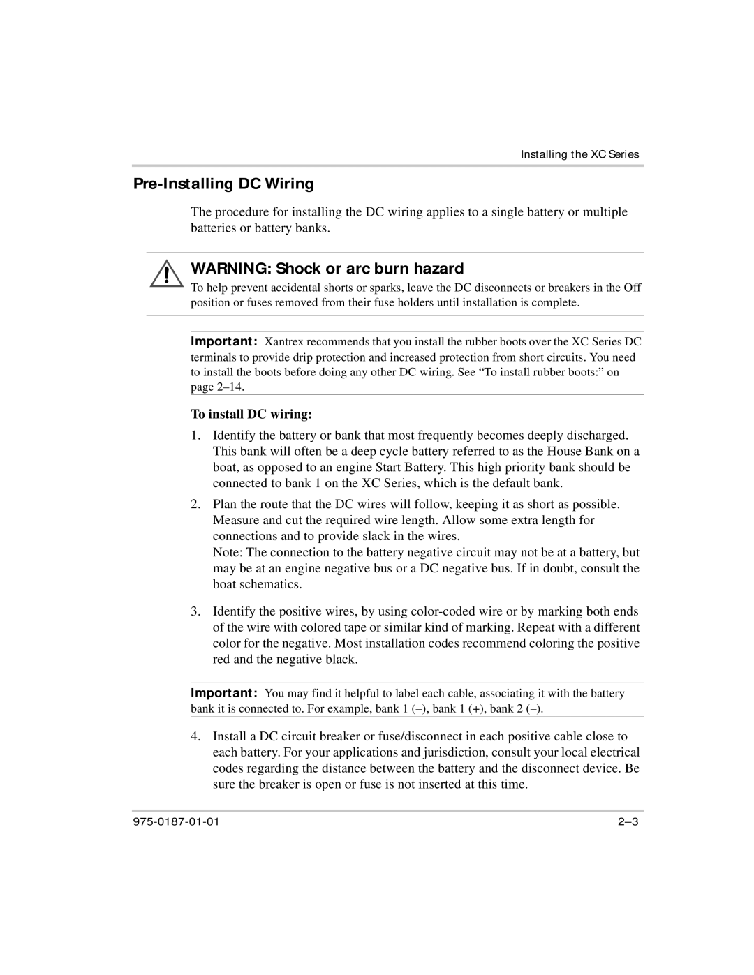 Xantrex Technology XC2524, XC5012, XC3012, XC1524 manual Pre-Installing DC Wiring, To install DC wiring 