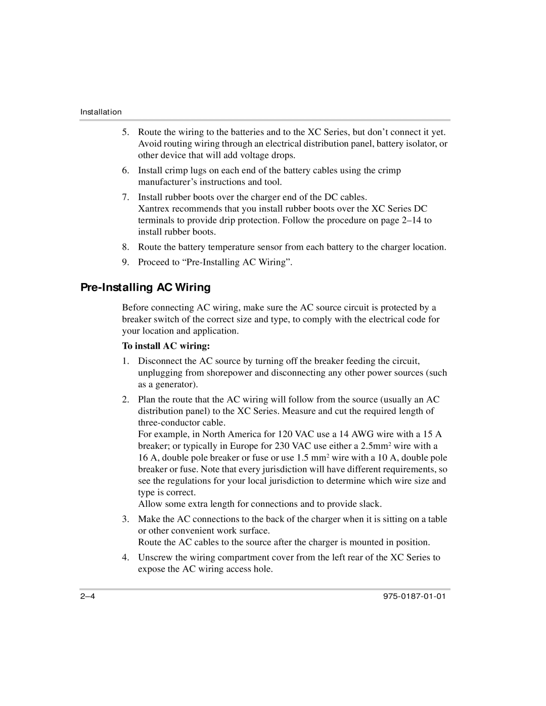 Xantrex Technology XC3012, XC5012, XC2524, XC1524 manual Pre-Installing AC Wiring, To install AC wiring 