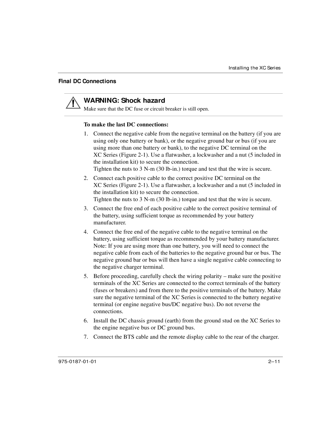 Xantrex Technology XC2524, XC5012, XC3012, XC1524 manual Final DC Connections, To make the last DC connections 