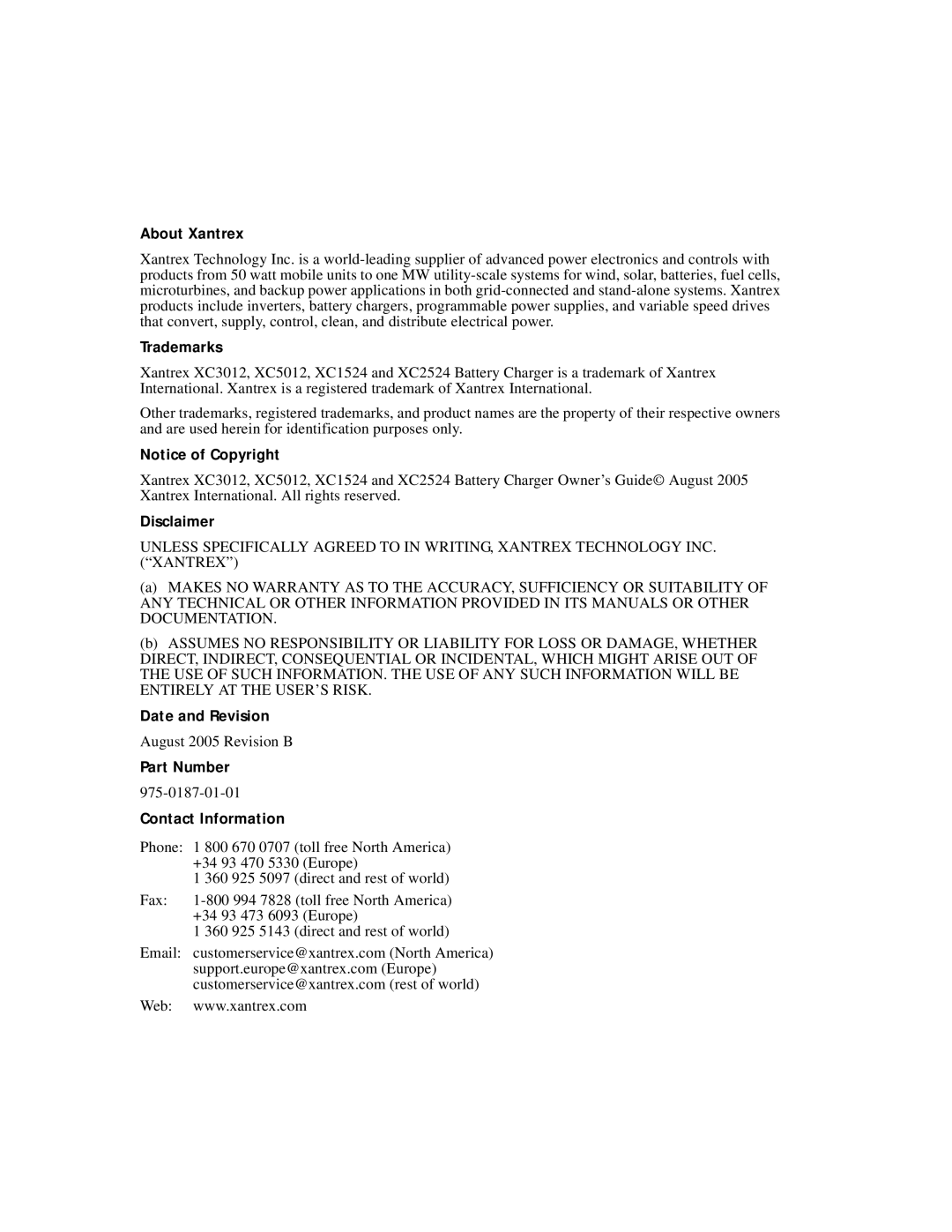 Xantrex Technology XC5012, XC2524, XC3012, XC1524 manual Date and Revision 