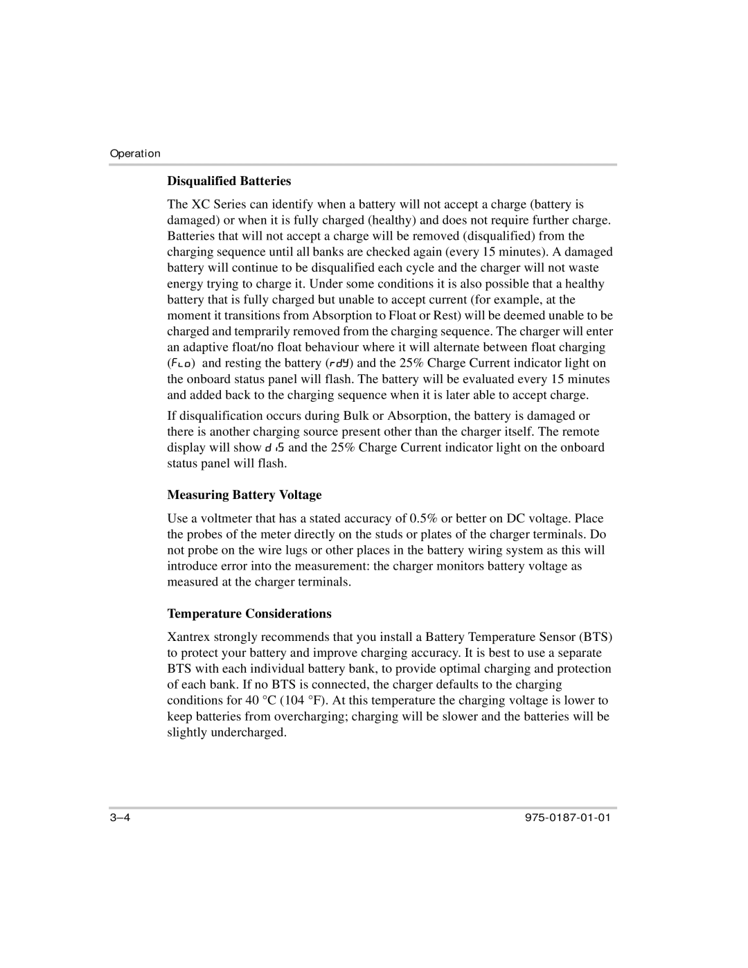 Xantrex Technology XC3012, XC5012, XC2524, XC1524 manual Disqualified Batteries, Temperature Considerations 
