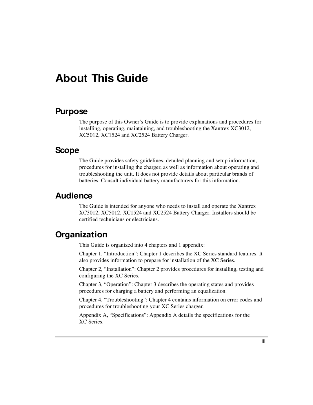 Xantrex Technology XC2524, XC5012, XC3012, XC1524 manual Purpose, Scope, Audience, Organization 