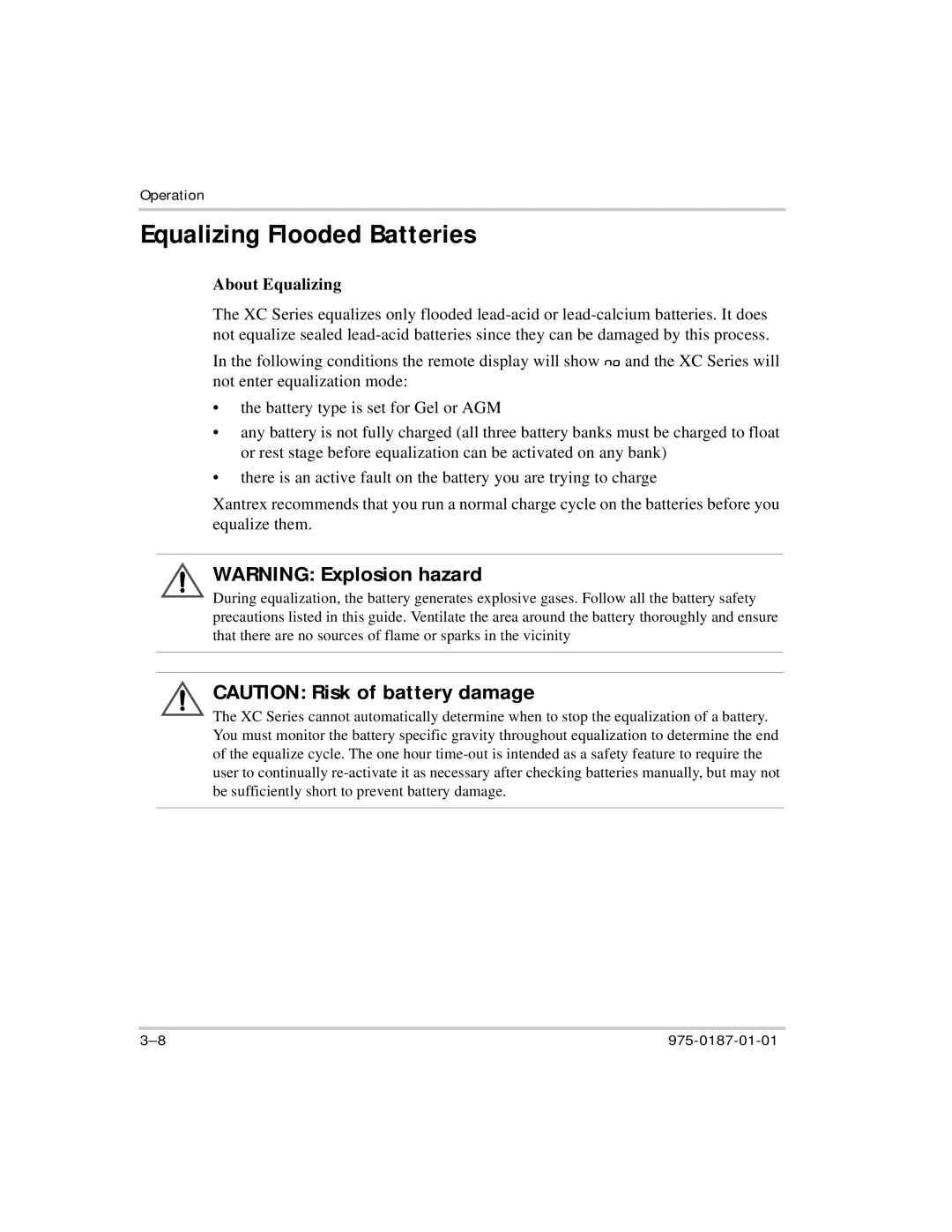Xantrex Technology XC3012, XC5012, XC2524, XC1524 manual Equalizing Flooded Batteries, About Equalizing 