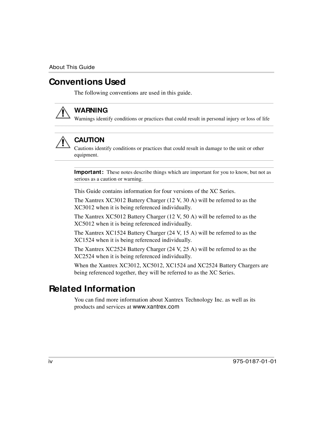 Xantrex Technology XC3012, XC5012, XC2524, XC1524 manual Conventions Used, Related Information 