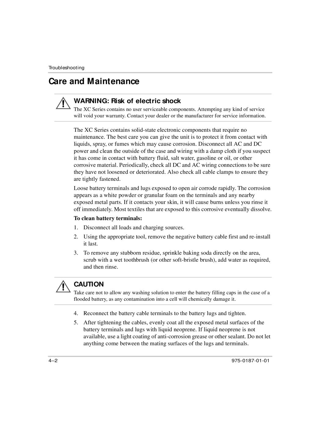 Xantrex Technology XC5012, XC2524, XC3012, XC1524 manual Care and Maintenance, To clean battery terminals 