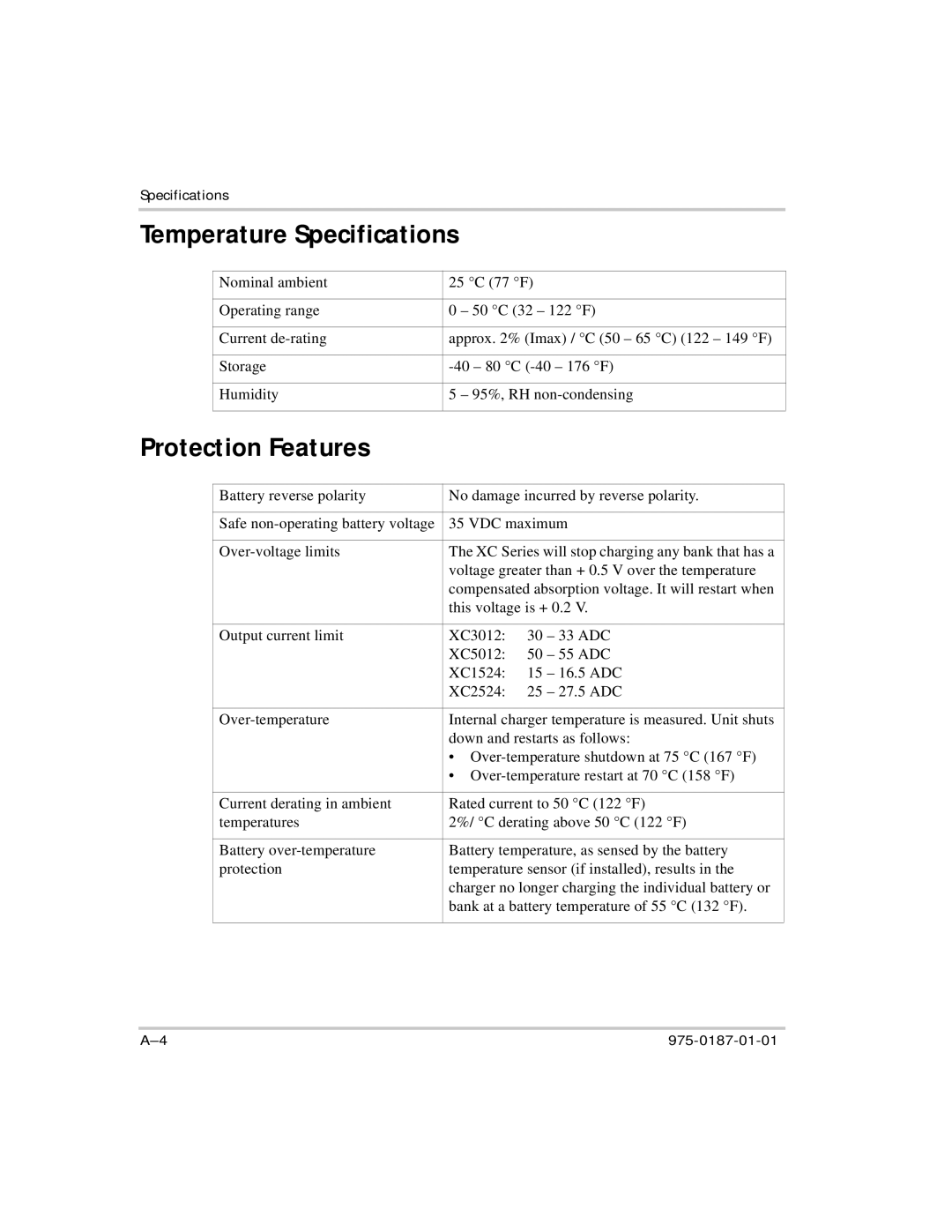 Xantrex Technology XC5012, XC2524, XC3012, XC1524 manual Temperature Specifications, Protection Features 