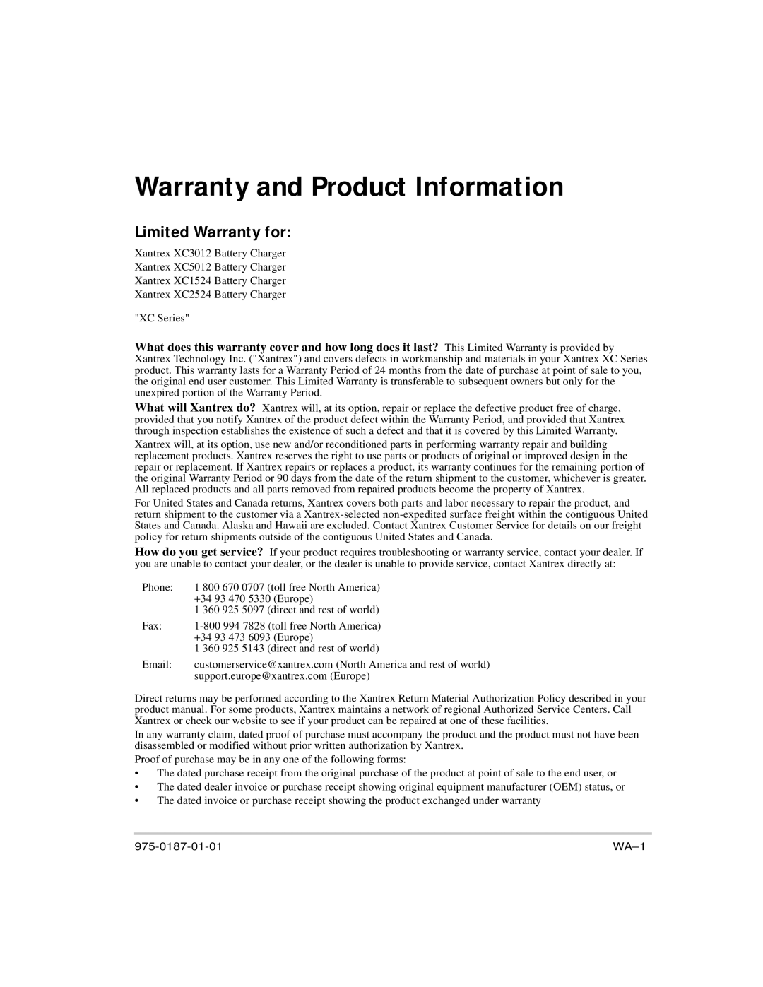 Xantrex Technology XC1524, XC5012, XC2524, XC3012 manual Warranty and Product Information, Limited Warranty for 