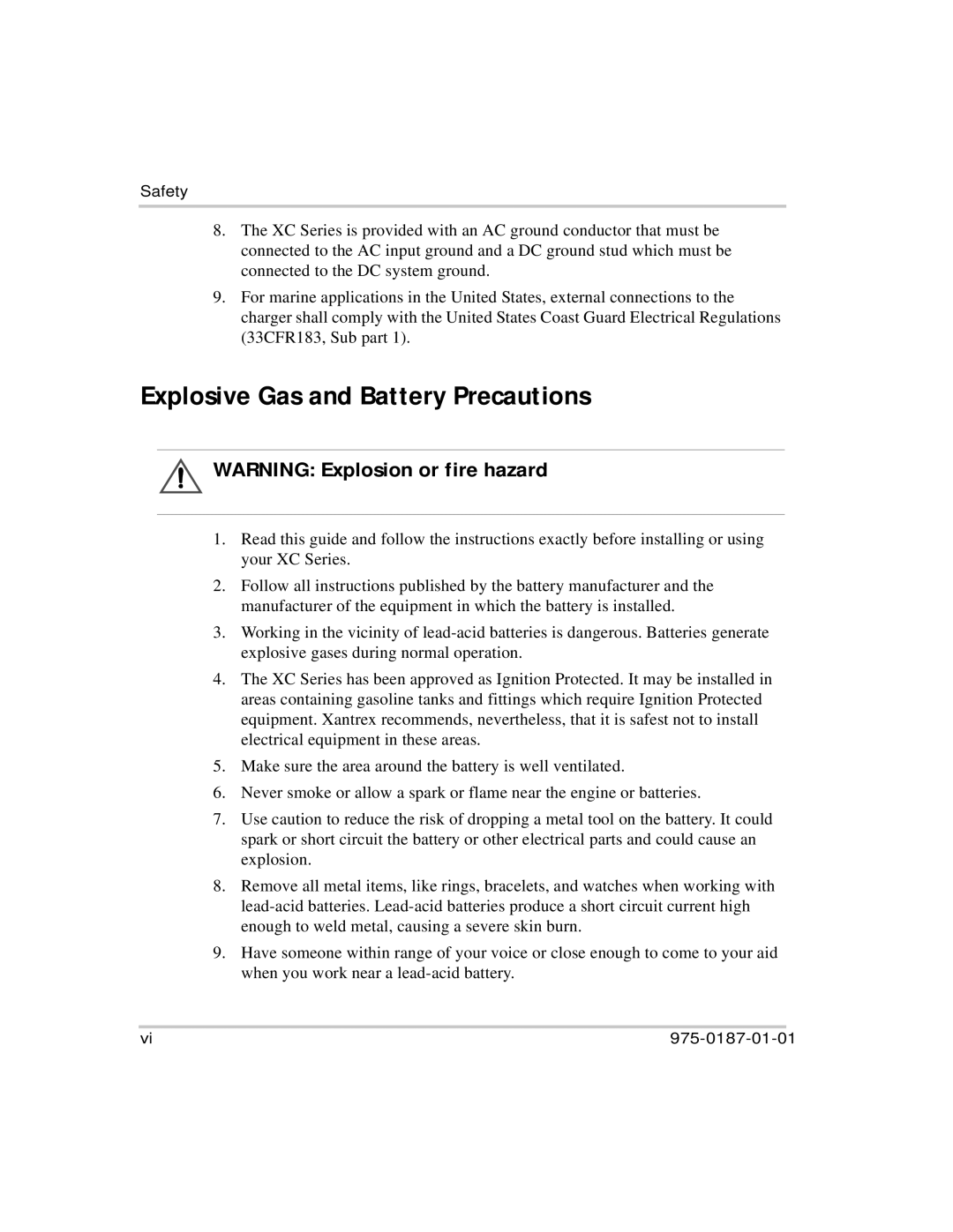 Xantrex Technology XC5012, XC2524, XC3012, XC1524 manual Explosive Gas and Battery Precautions 