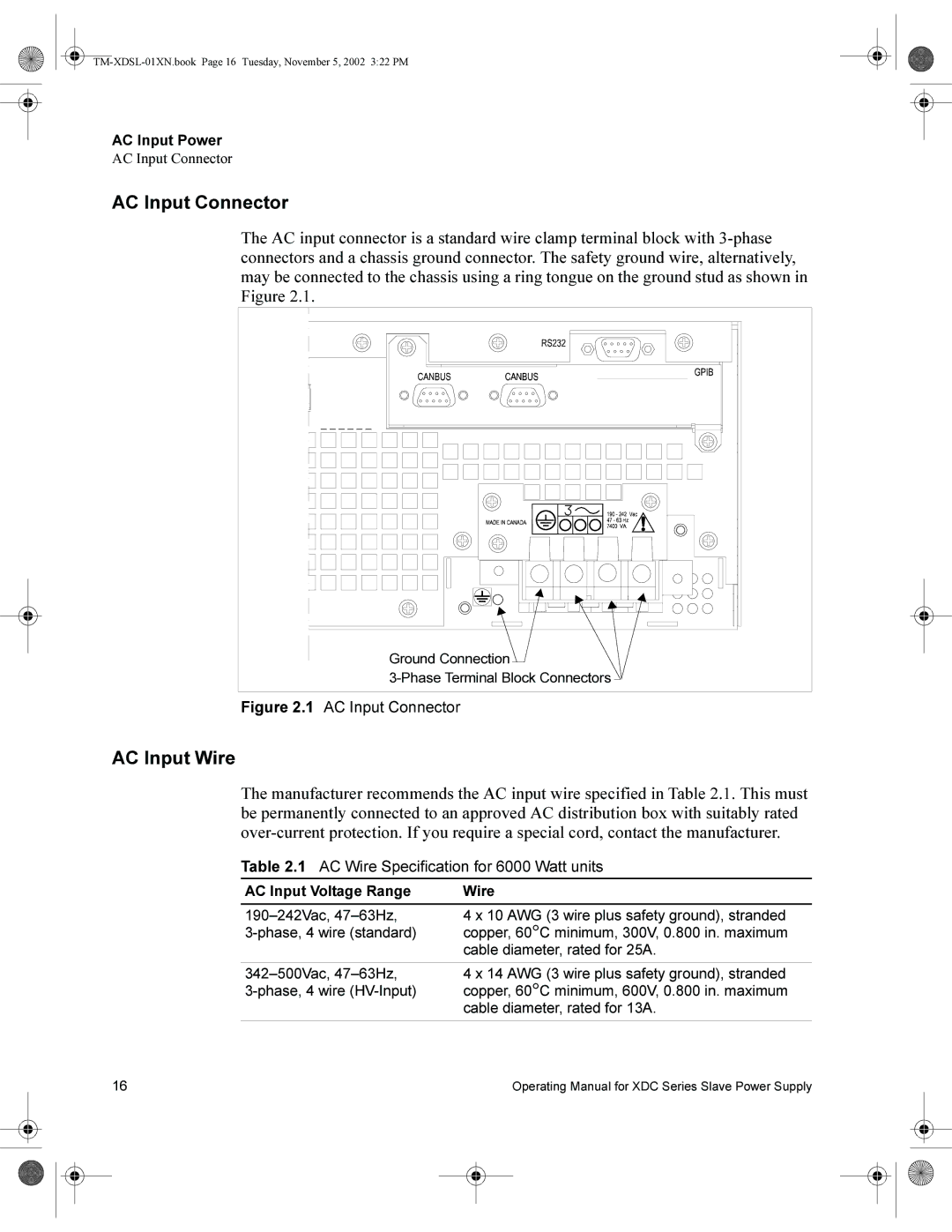 Xantrex Technology TM-XDSL-01XN, XDC 6000, XDC 80-75SL, XDC 600-10SL, XDC 60-100SL manual AC Input Connector, AC Input Wire 