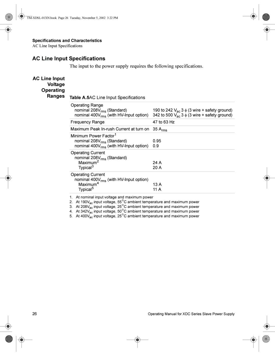 Xantrex Technology XDC 40-150SL, XDC 6000, XDC 80-75SL AC Line Input Specifications, AC Line Input Voltage Operating Ranges 