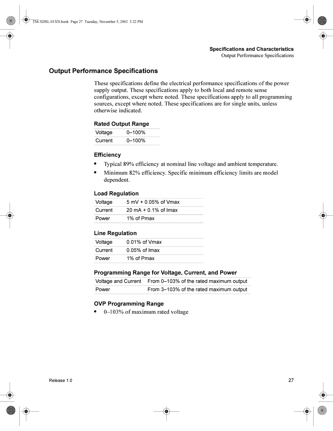 Xantrex Technology XDC 10-600SL manual Output Performance Specifications, Programming Range for Voltage, Current, and Power 