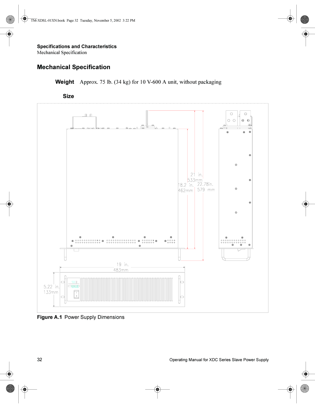 Xantrex Technology XDC 100-60SL, XDC 6000, XDC 80-75SL manual Mechanical Specification, Figure A.1 Power Supply Dimensions 