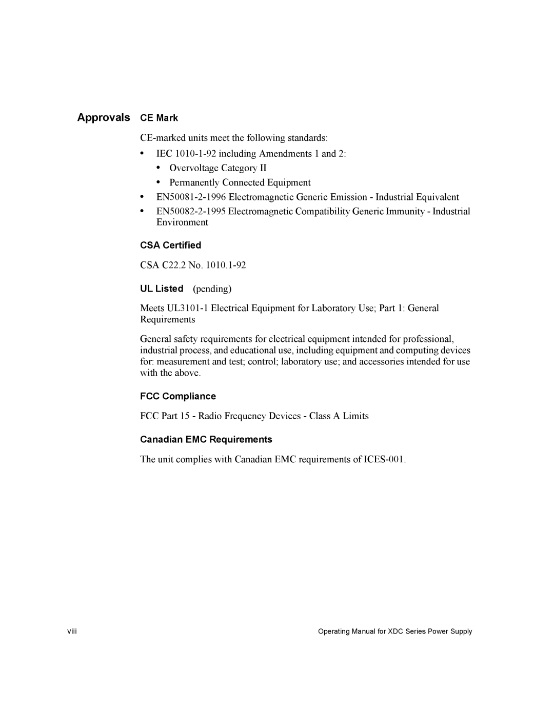 Xantrex Technology XDC manual Approvals CE Mark, CSA C22.2 No, FCC Part 15 Radio Frequency Devices Class a Limits 