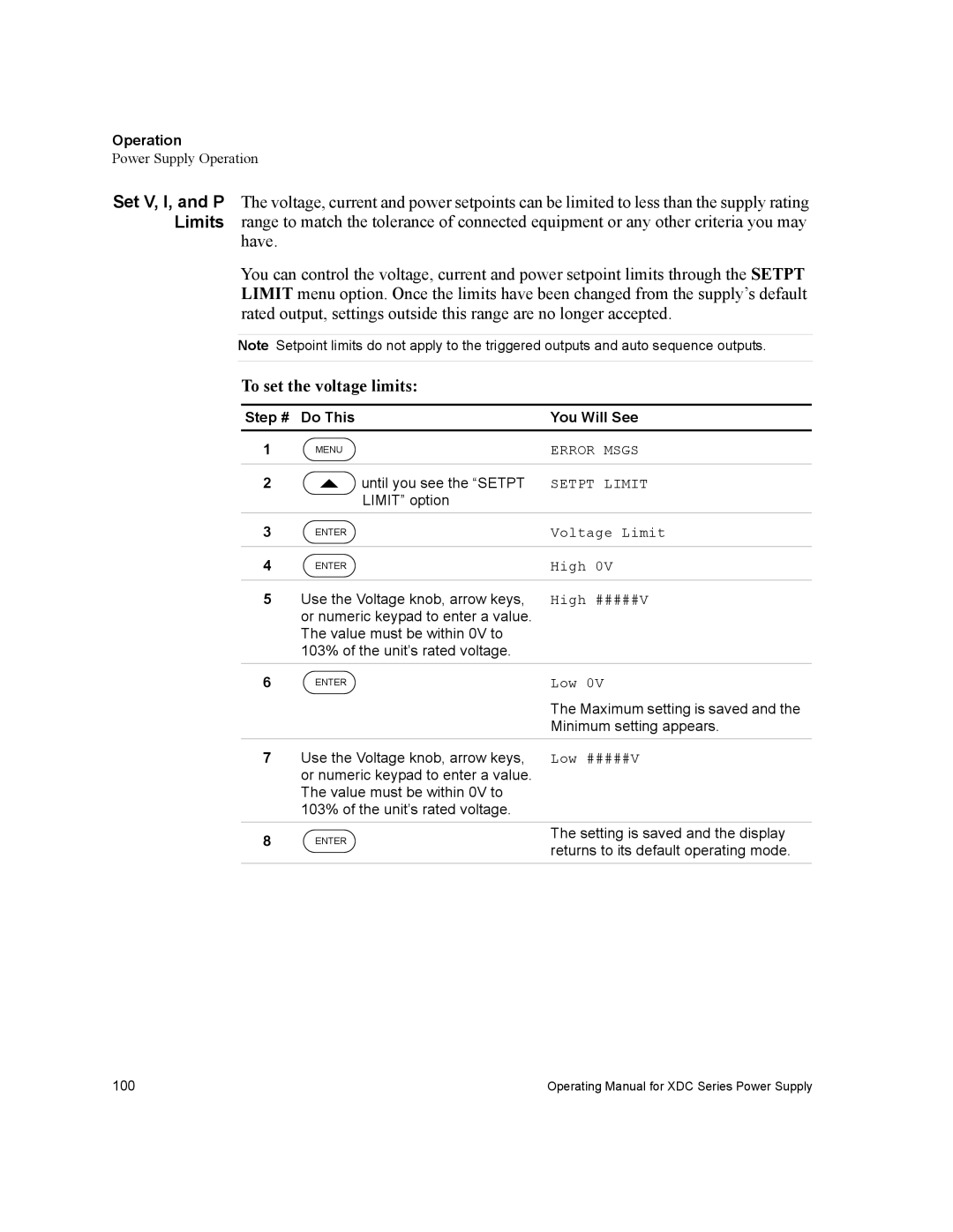 Xantrex Technology XDC manual To set the voltage limits 