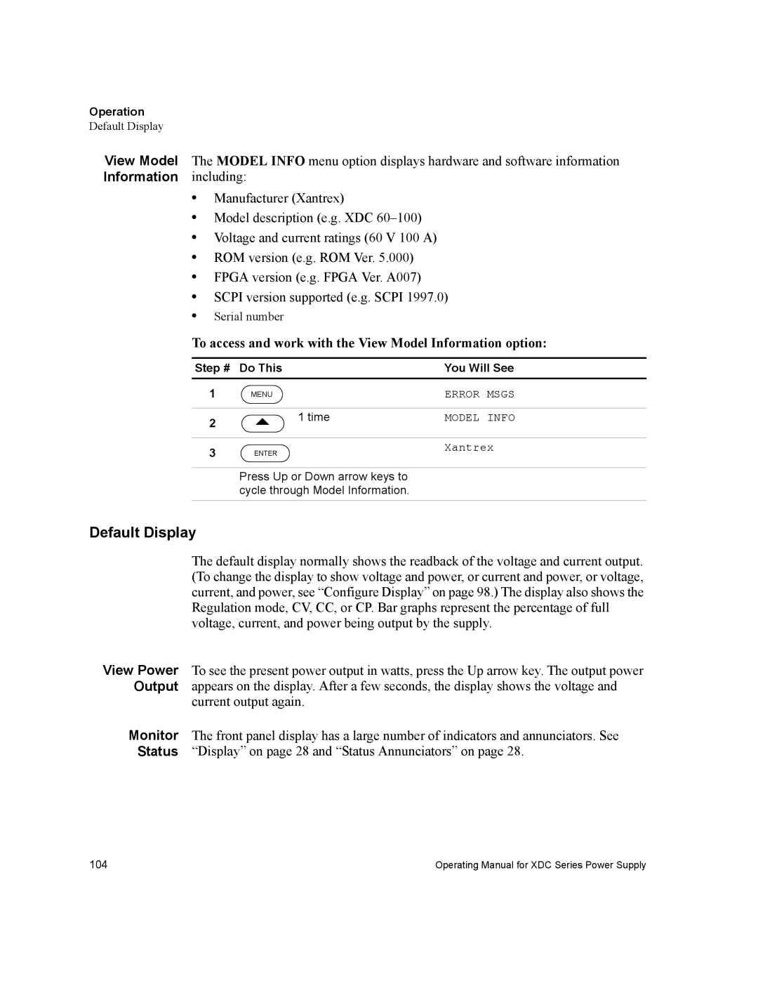 Xantrex Technology XDC manual Default Display, To access and work with the View Model Information option, Time, Xantrex 