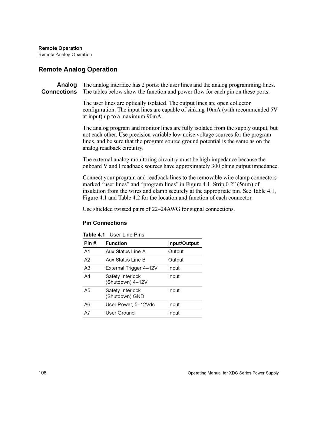 Xantrex Technology XDC manual Remote Analog Operation, Pin Connections, User Line Pins, Pin # Function Input/Output 