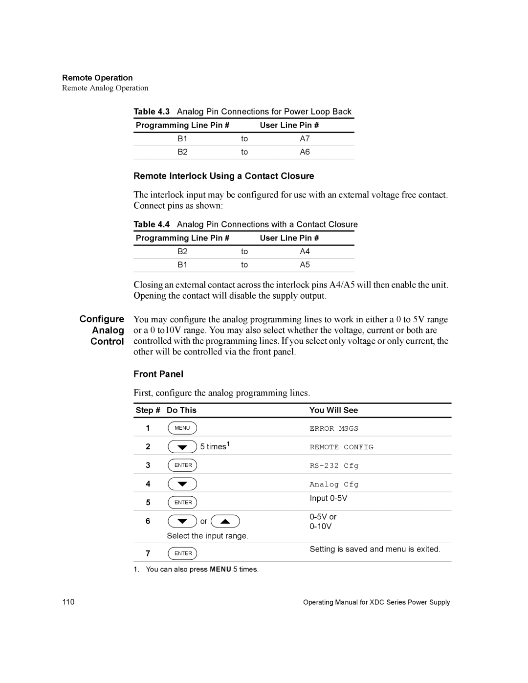 Xantrex Technology XDC manual First, configure the analog programming lines, Remote Interlock Using a Contact Closure 