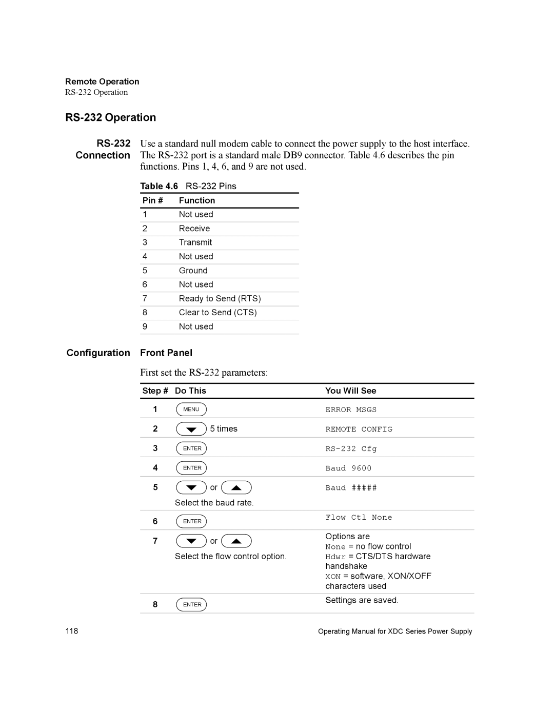 Xantrex Technology XDC manual RS-232 Operation, Configuration Front Panel, First set the RS-232 parameters, Pin # Function 