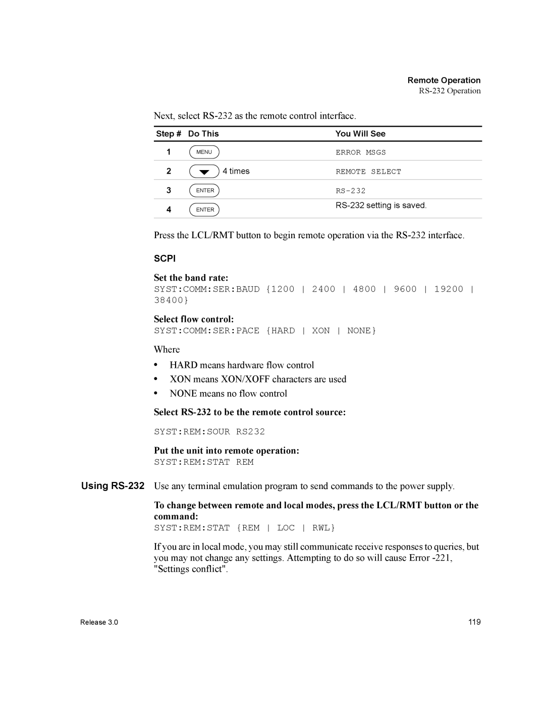 Xantrex Technology XDC manual Next, select RS-232 as the remote control interface, Set the band rate, Select flow control 