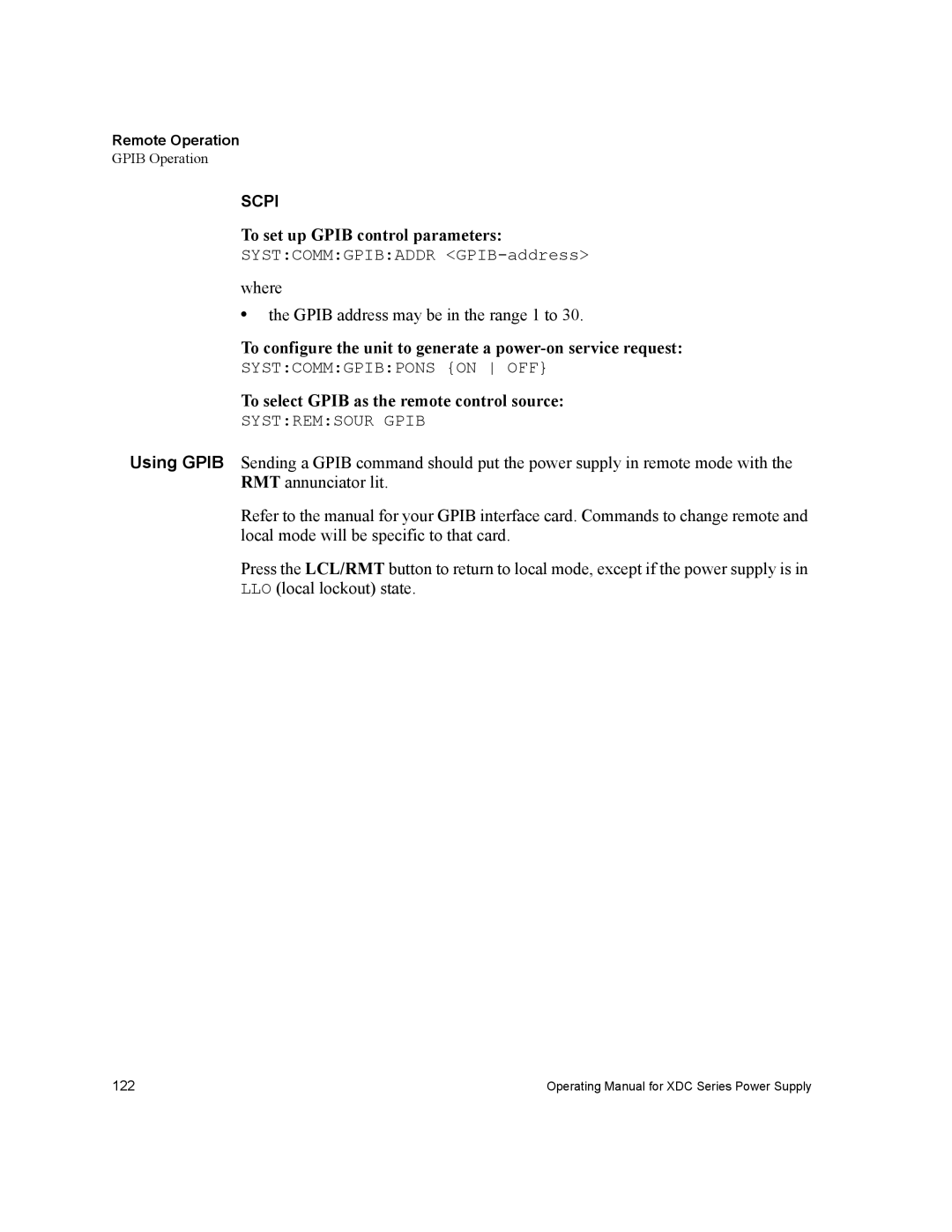 Xantrex Technology XDC manual To set up Gpib control parameters, Where Gpib address may be in the range 1 to 