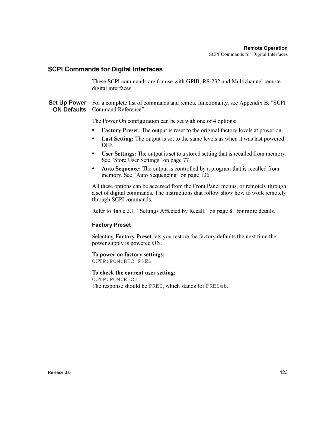 Xantrex Technology XDC manual Scpi Commands for Digital Interfaces, To power on factory settings 