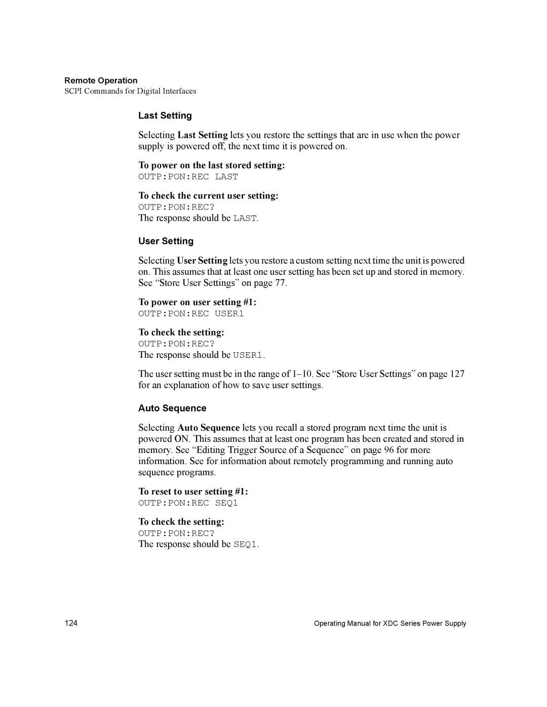 Xantrex Technology XDC manual To power on the last stored setting, To power on user setting #1, To check the setting 