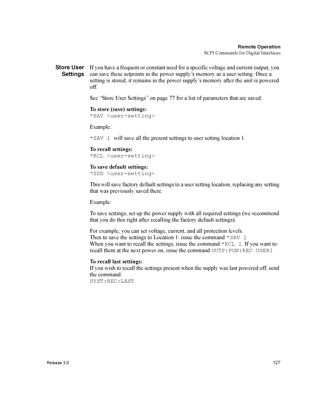 Xantrex Technology XDC manual To store save settings, To recall settings, To save default settings, To recall last settings 