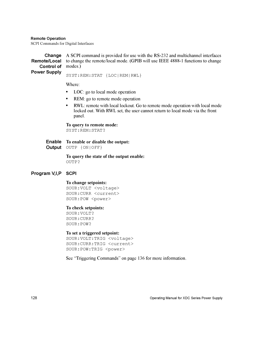 Xantrex Technology XDC manual Change Remote/Local Control Power Supply, Program V,I,P Scpi 