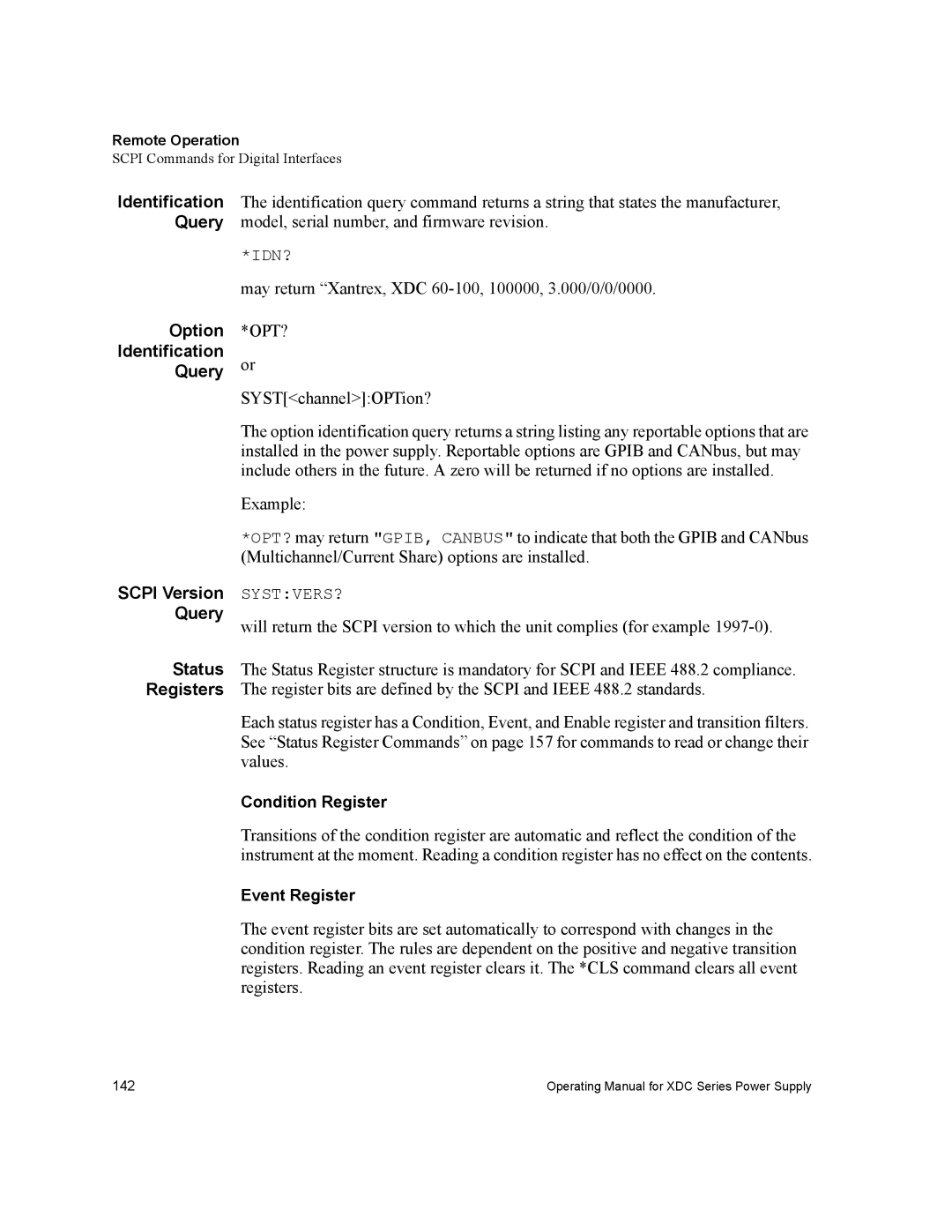 Xantrex Technology XDC manual Option Identification Query, Status Registers 