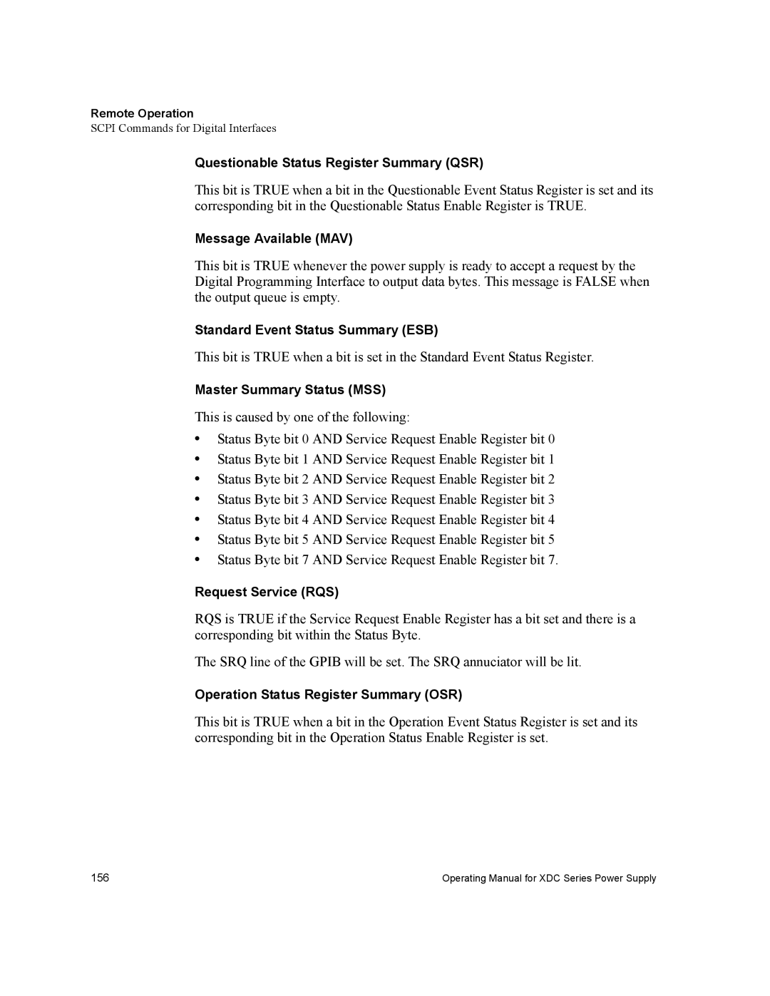 Xantrex Technology XDC Questionable Status Register Summary QSR, Message Available MAV, Standard Event Status Summary ESB 