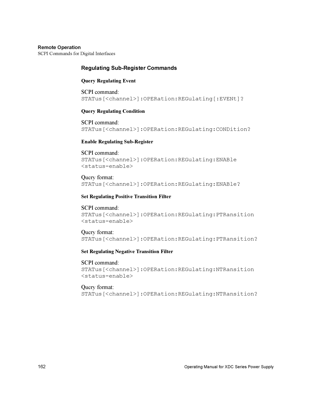 Xantrex Technology XDC manual STATuschannelOPERationREGulatingCONDition?, Regulating Sub-Register Commands 